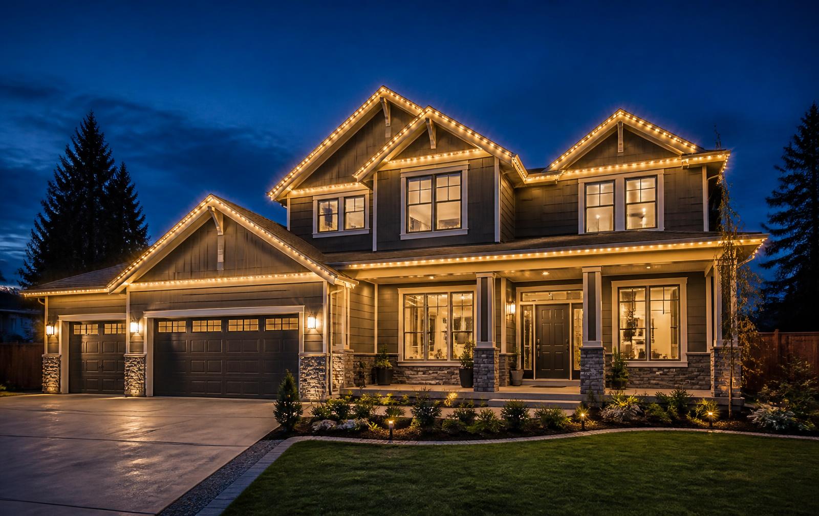 Home with warm white architectural roofline lighting at dusk
